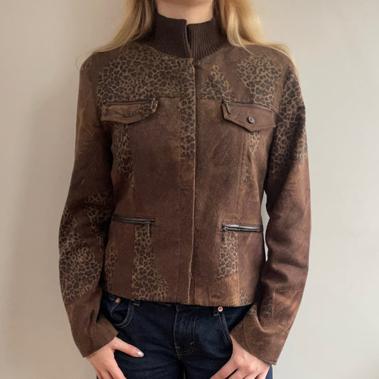 Faux Suede Leopard Print Patchwork Jacket