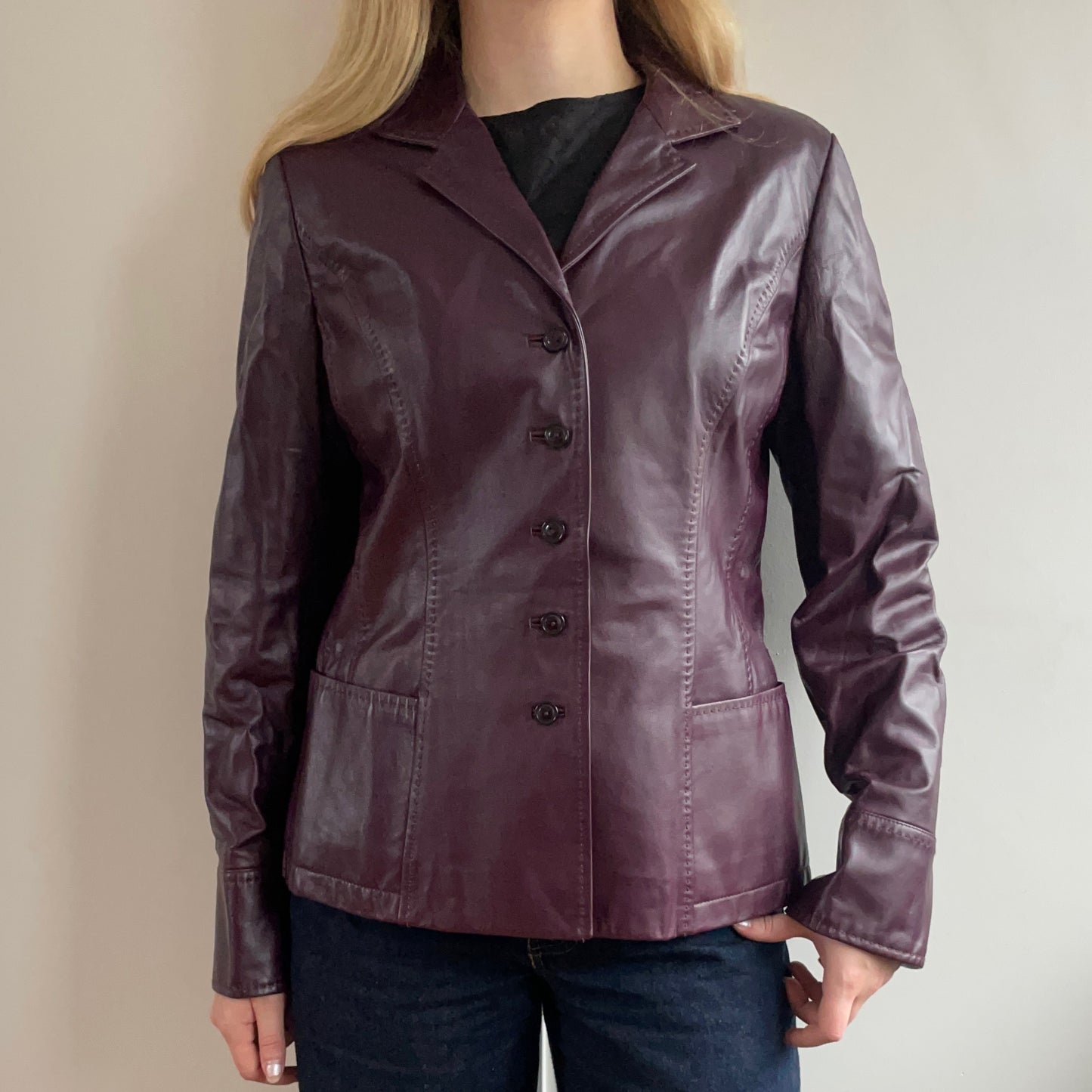 Purple Real Leather Jacket with Flared Sleeves